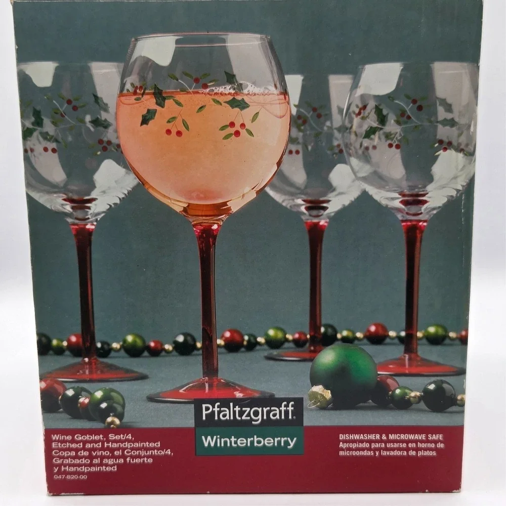 Pfaltzgraff‎ Winterberry Wine Goblets Etched & Handpainted SET OF 4 - New In Box
